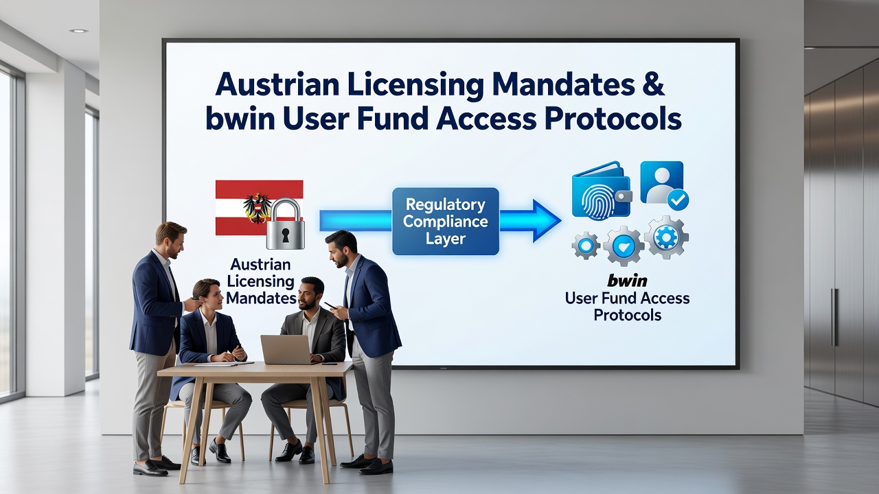 Austrian regulatory framework documents and bwin platform interface showing fund access controls